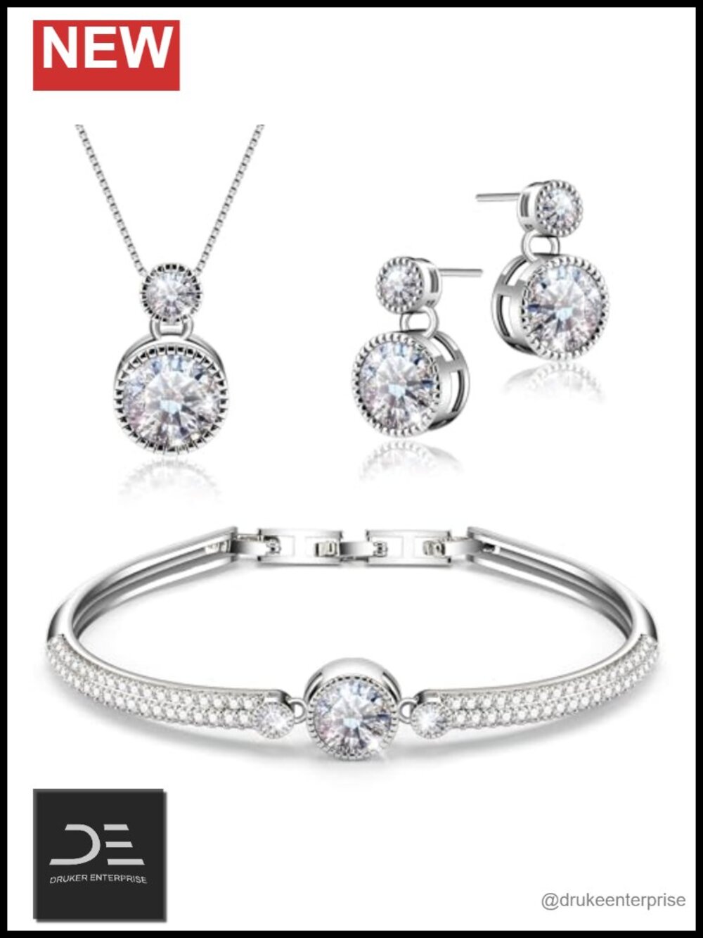 3 Piece Fashion Jewelry Set 18K White Gold Plated Cubic Zirconia Necklace